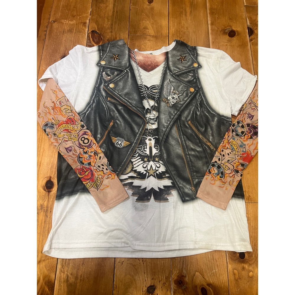 Faux Real Biker Tattoo Sleeve Shirt Photorealistic Leather Vest Graphic XL